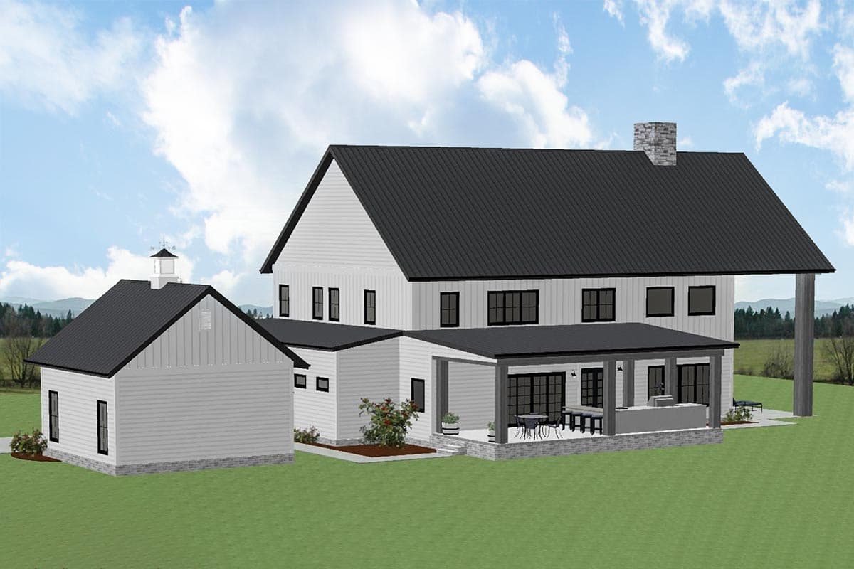 Modern Farmhouse house plan exterior with two stories, gables, a covered porch with outdoor kitchen, and attached garage with cupola.