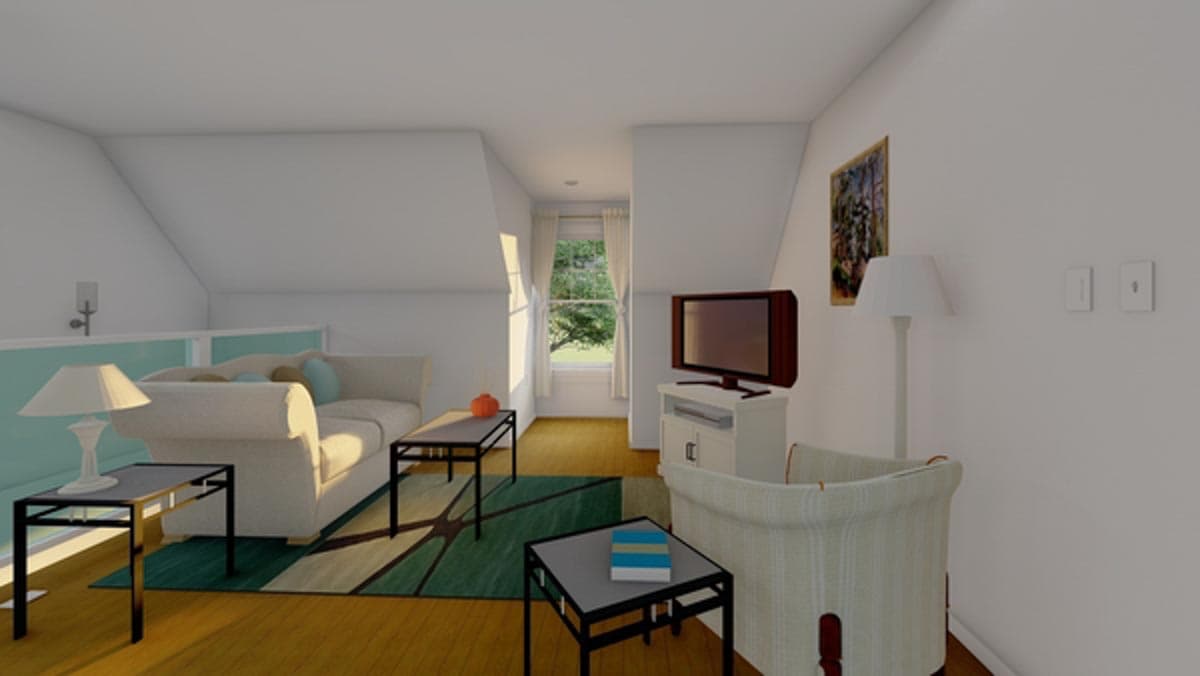 Living room rendering with vaulted ceiling, sofa, coffee tables, television, and a window view.
