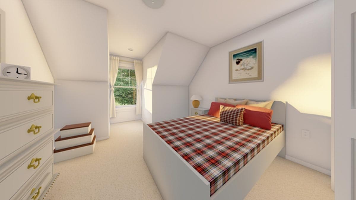 Bedroom with plaid bedding, white dresser, and window with natural light. Sloped ceiling evident.