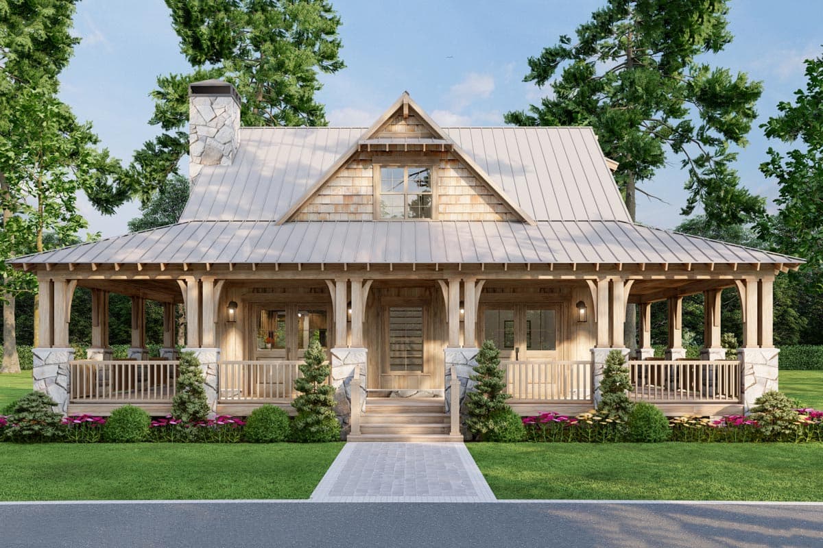 House plan exterior. Craftsman-style home with metal roof, covered porch with stone columns, and gable roofline over entryway.