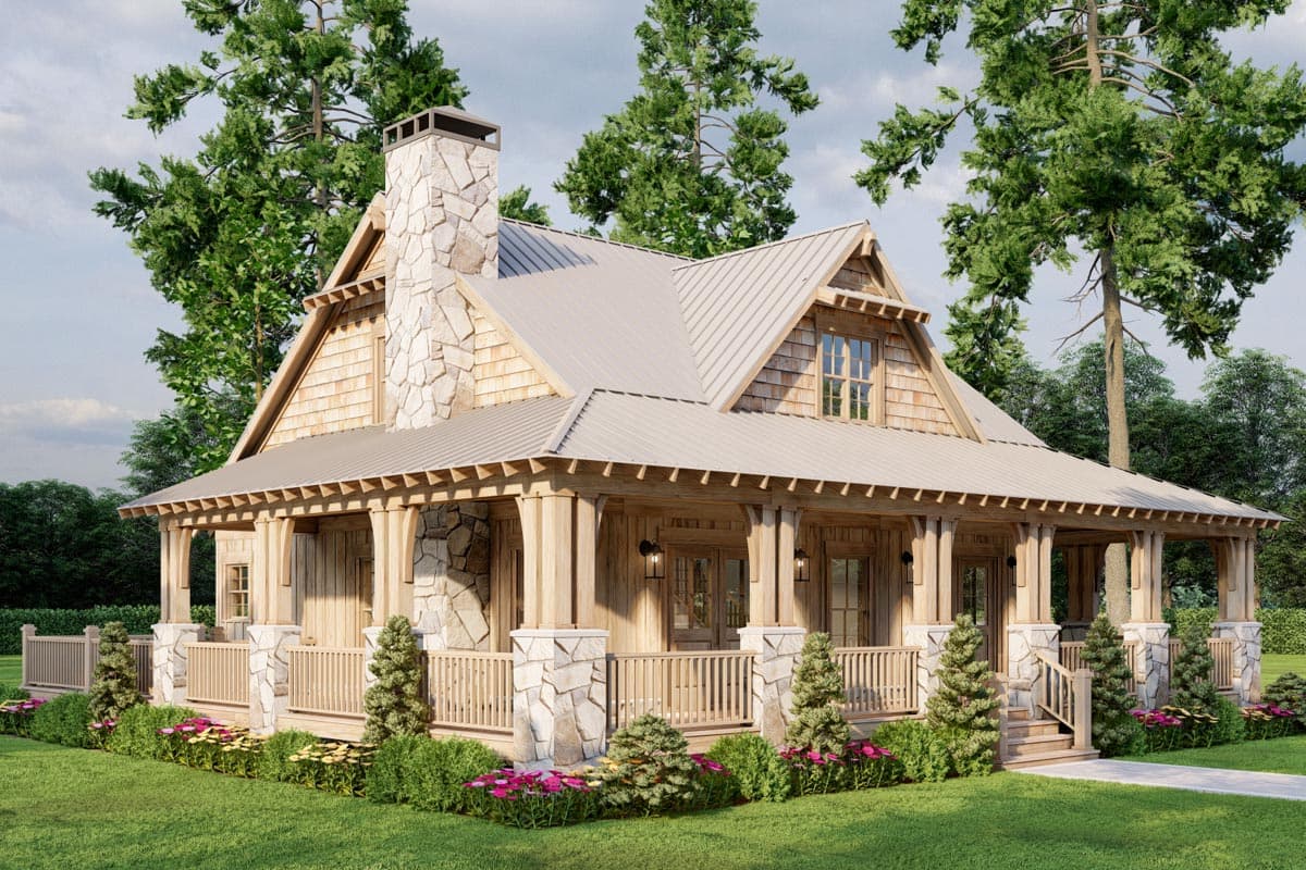House plan exterior: Rustic style, one story, wrap-around porch with stone and wood pillars, metal roof, shingled siding, and stone chimney.