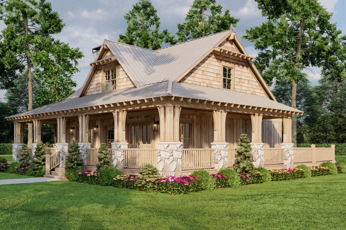 House plan exterior of two-story home with wraparound porch, wood siding, stone accents, and metal roof.