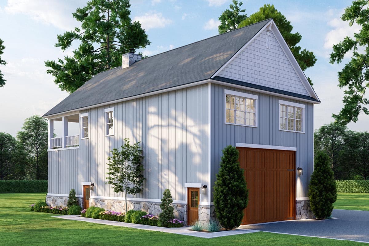 House plan exterior: Two-story building with stone foundation, vertical siding, gabled dormer, covered porch, and large garage door.