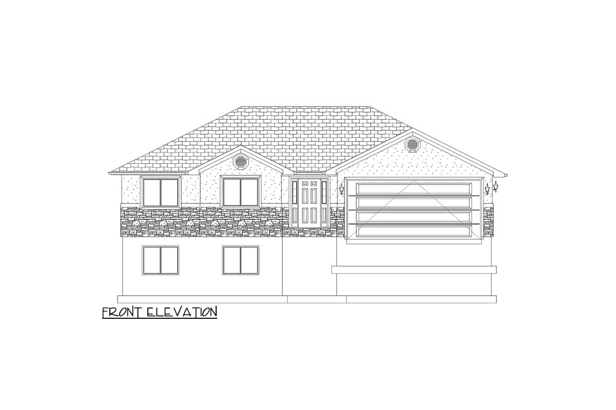 Front elevation house plan with a prominent gable, stone accent siding, double front doors, and a two-car garage.