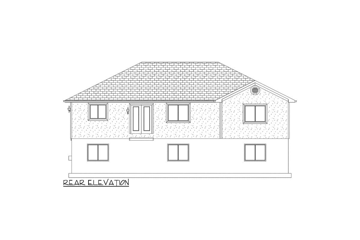 Rear elevation drawing of a two-story house plan with double doors, multiple windows, and a gabled roof.