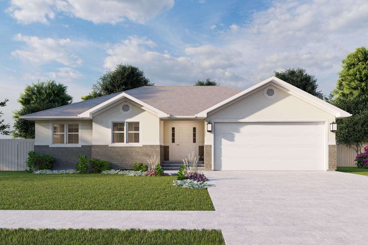 House plan exterior. Ranch style with a two-car garage, gabled roof, and brick facade on the lower portion of the front wall.