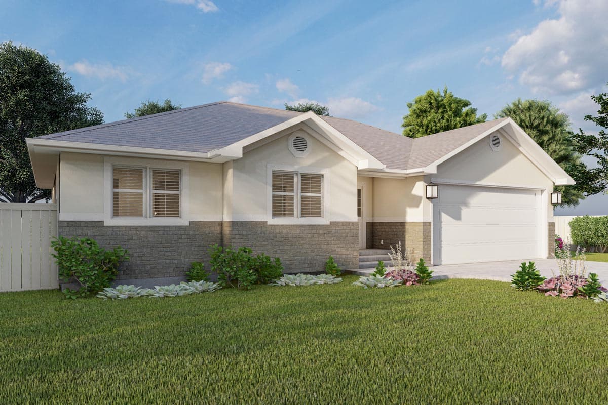House plan exterior: One-story ranch with gabled roof, stone base, and attached garage with twin lanterns.