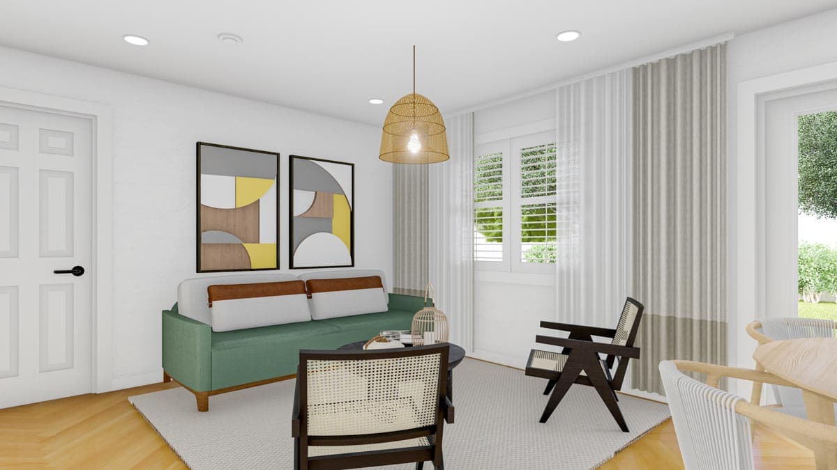Living room rendering with green sofa, cane accent chairs, pendant light, abstract art, and large windows.