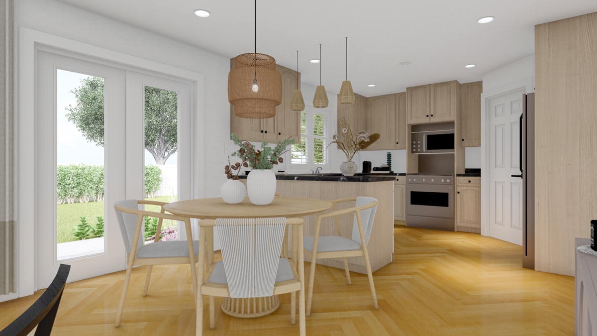 Kitchen and dining area with light wood cabinets, a large island, pendant lighting, and double doors to an outdoor space.
