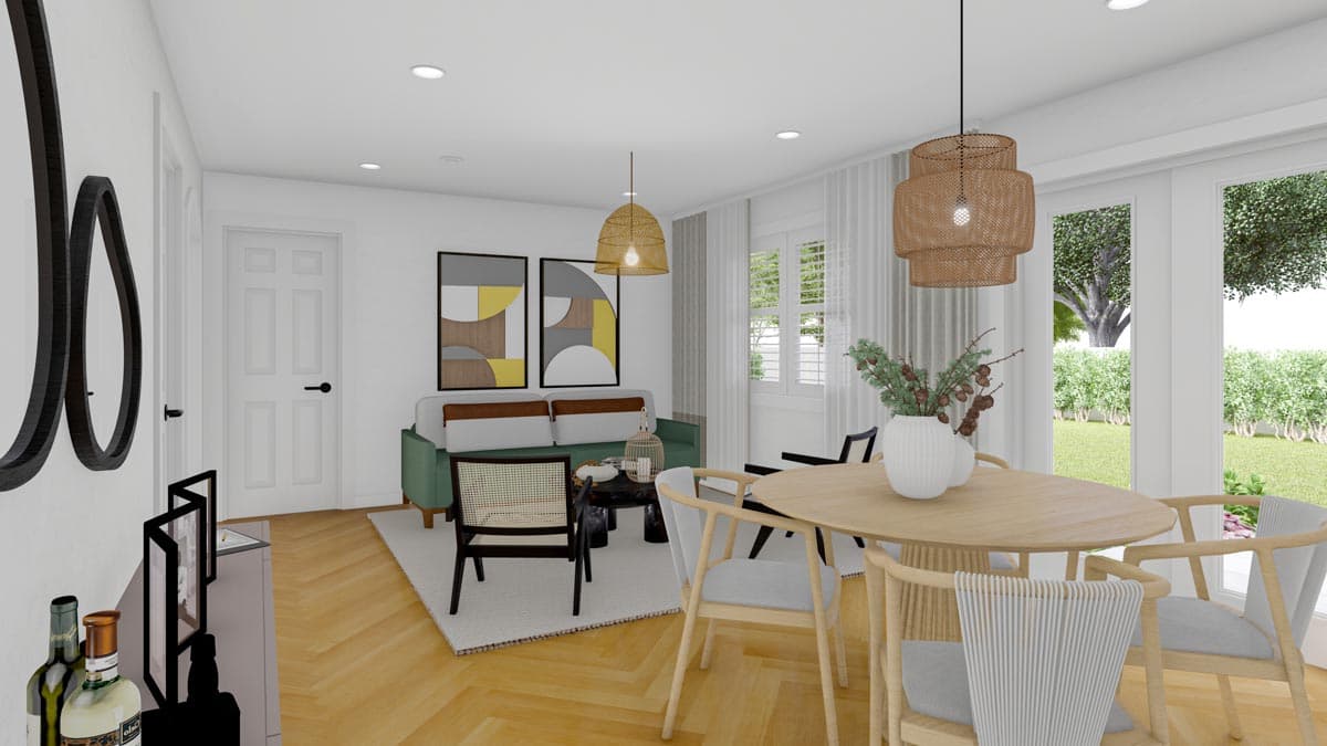 Rendering of an open-concept living and dining area with herringbone floors, a green sofa, dining table, and large windows.