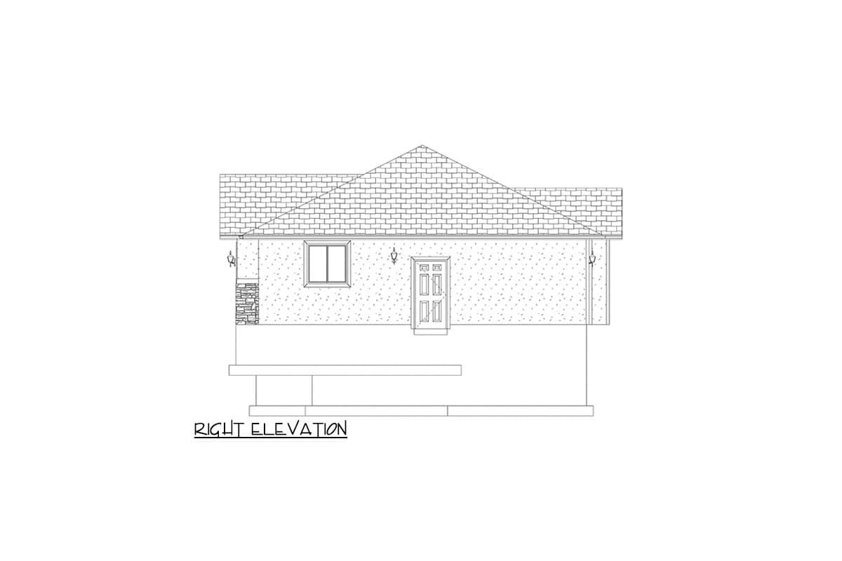 Right elevation drawing of a single-story house with a gable roof, one window, and a front door.