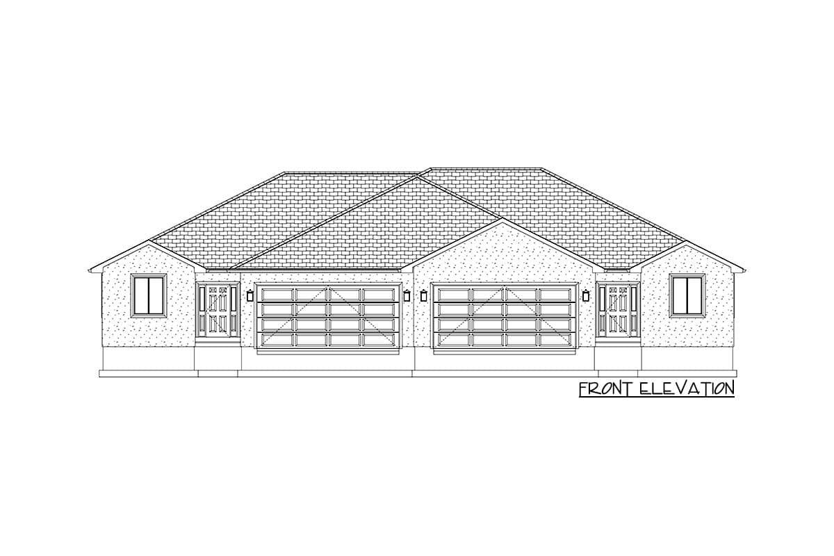 Front elevation drawing of a one-story house plan featuring a symmetrical design with two garages, two entry doors, and gabled dormers.