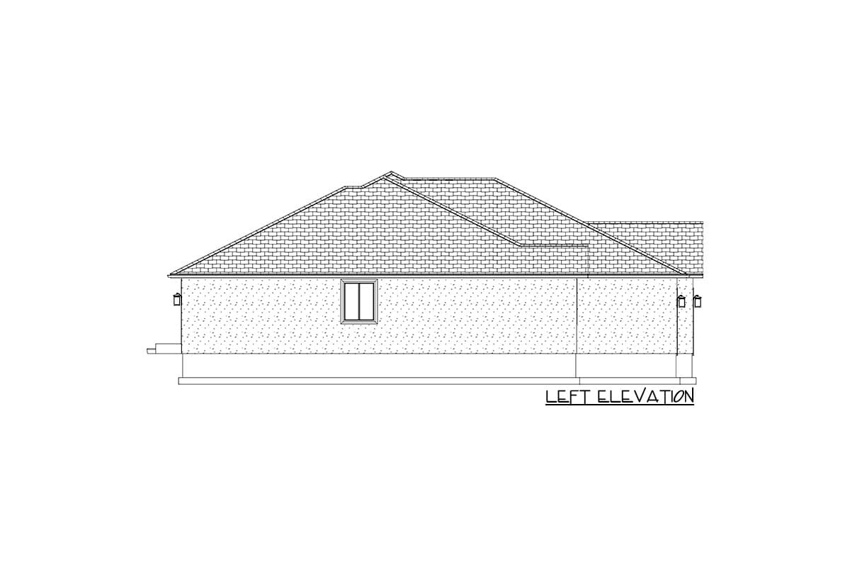 Left elevation drawing of a single-story house plan with a pitched roof, one window, and exterior lighting.