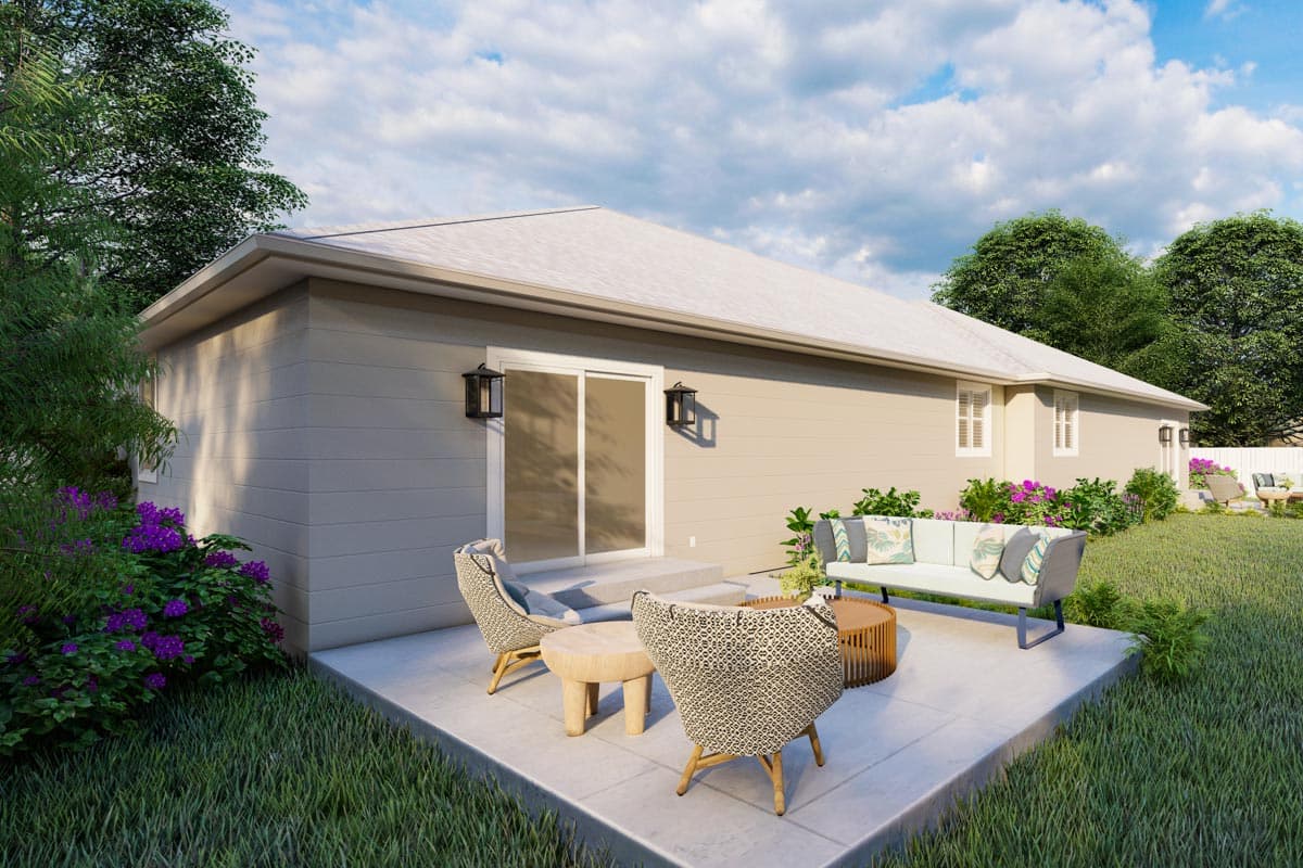 House plan exterior: one-story modern farmhouse with lap siding, gable roof, and patio with seating.