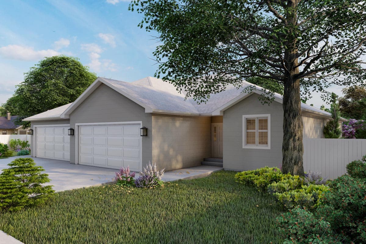 House plan exterior: Ranch style, one story, with a three-car garage, gable roof, and small front entry porch.