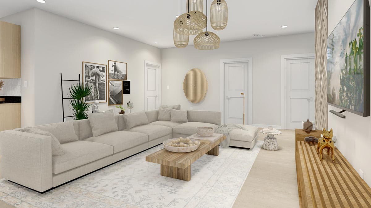 Living room rendering with sectional sofa, wood coffee table, decorative ladder, and modern pendant lighting.