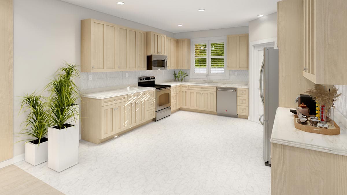 Kitchen rendering with light wood cabinets, stainless steel appliances, tile backsplash, and marble countertops.