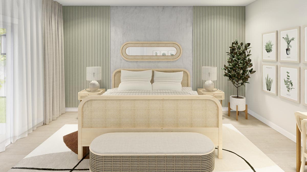 Bedroom rendering with light wood bed frame, cane headboard, wall-mounted oval mirror, and potted plant.