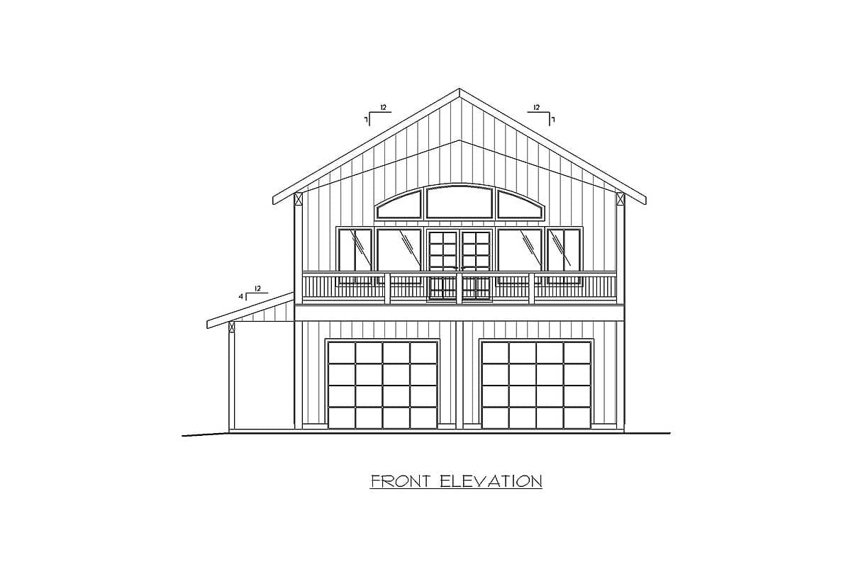 Front elevation drawing of a two-story house with two garage doors, a covered porch, and a large upper-level window arrangement.