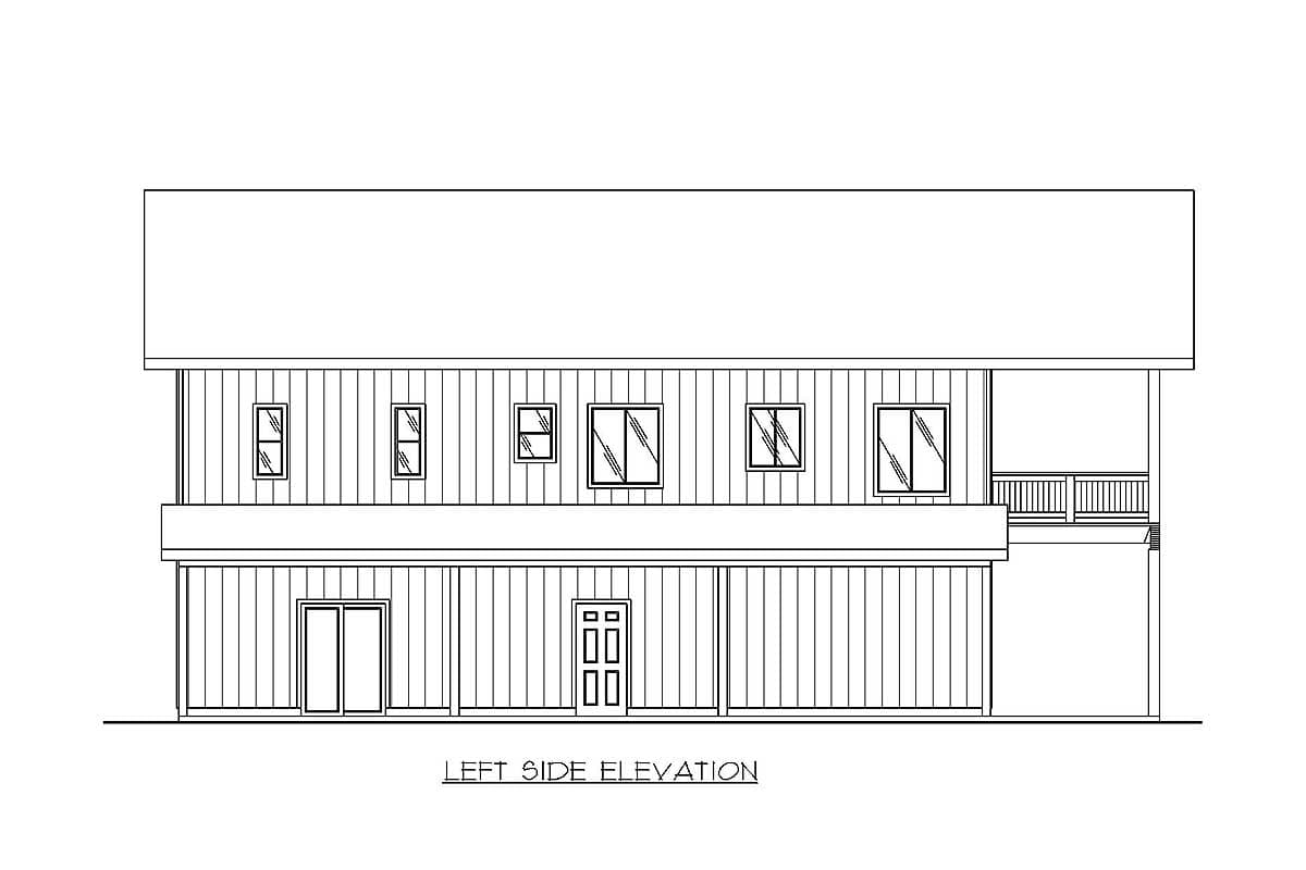 Left side elevation drawing of a two-story house with various window sizes and a covered porch with railing.