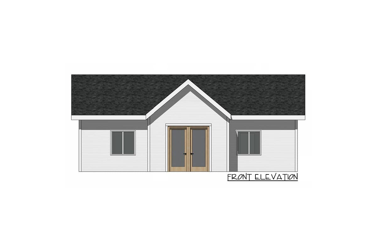 Front elevation drawing of a single-story house with a gable roof, double doors, and two windows.