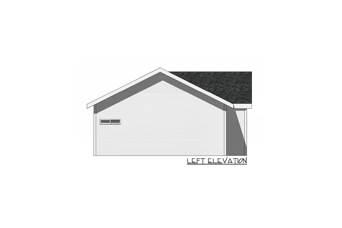 Left elevation of a house plan showing a gable roof, horizontal siding, and two small windows.