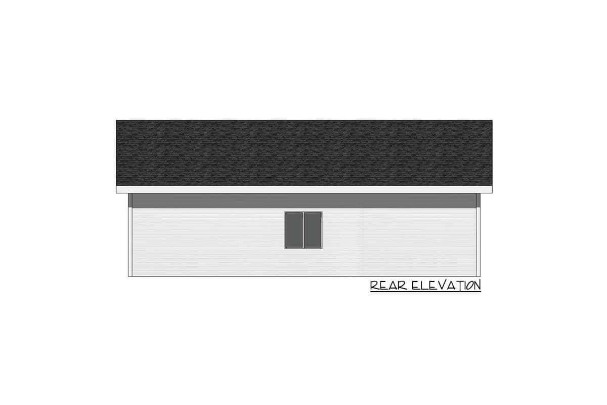 Rear elevation of a house plan featuring a dark shingle roof, white siding, and a double window.