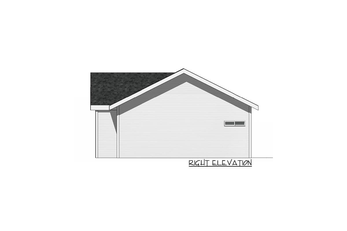 Right elevation of a house plan showing a simple gabled roofline, horizontal siding, and a small horizontal window.