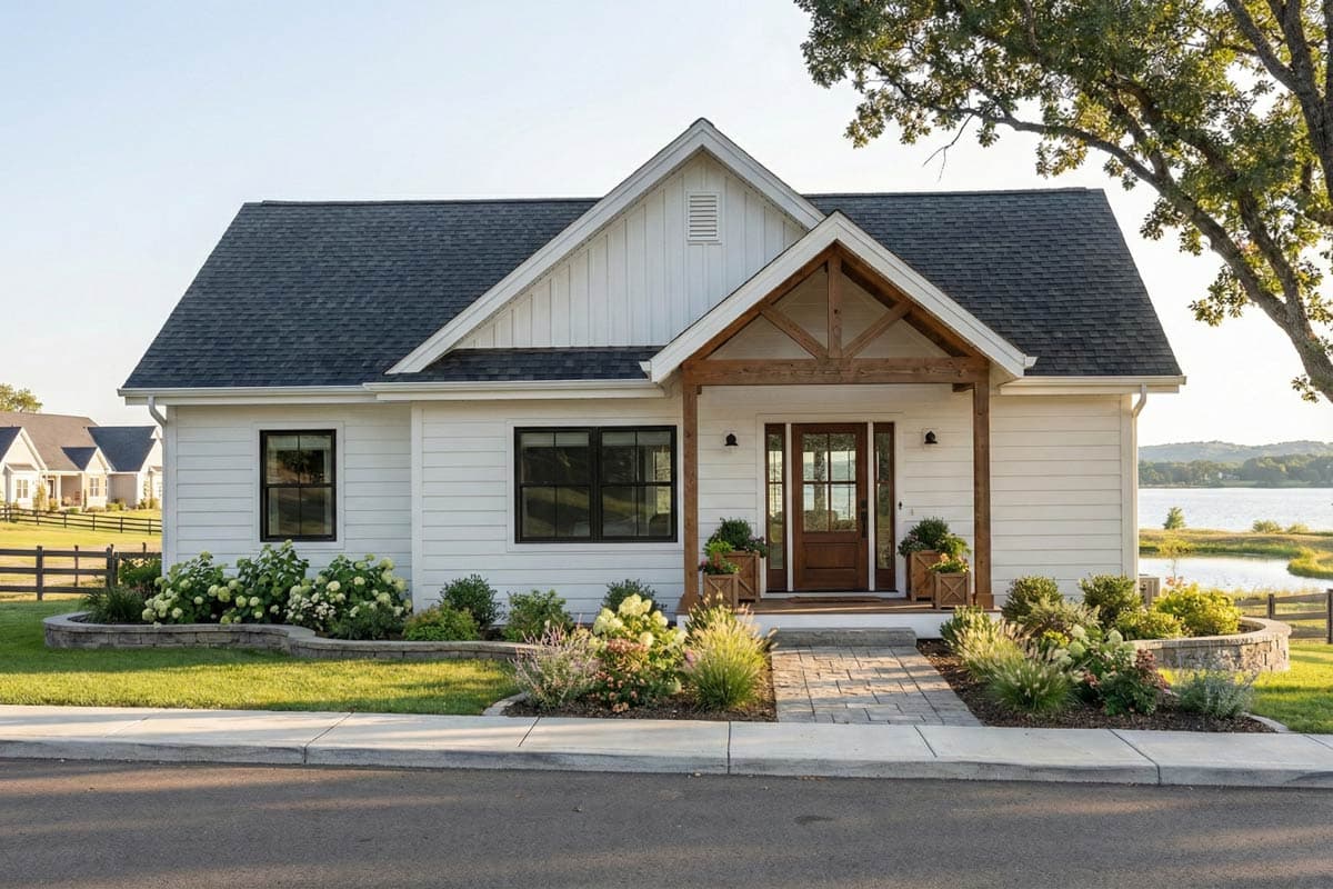 House plan exterior. One-story modern farmhouse with a gabled roof, timber-framed porch, and dark-framed windows.