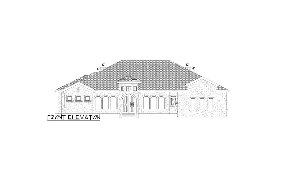 Front elevation drawing of a one-story house with a tile roof, arched windows, and double front doors.