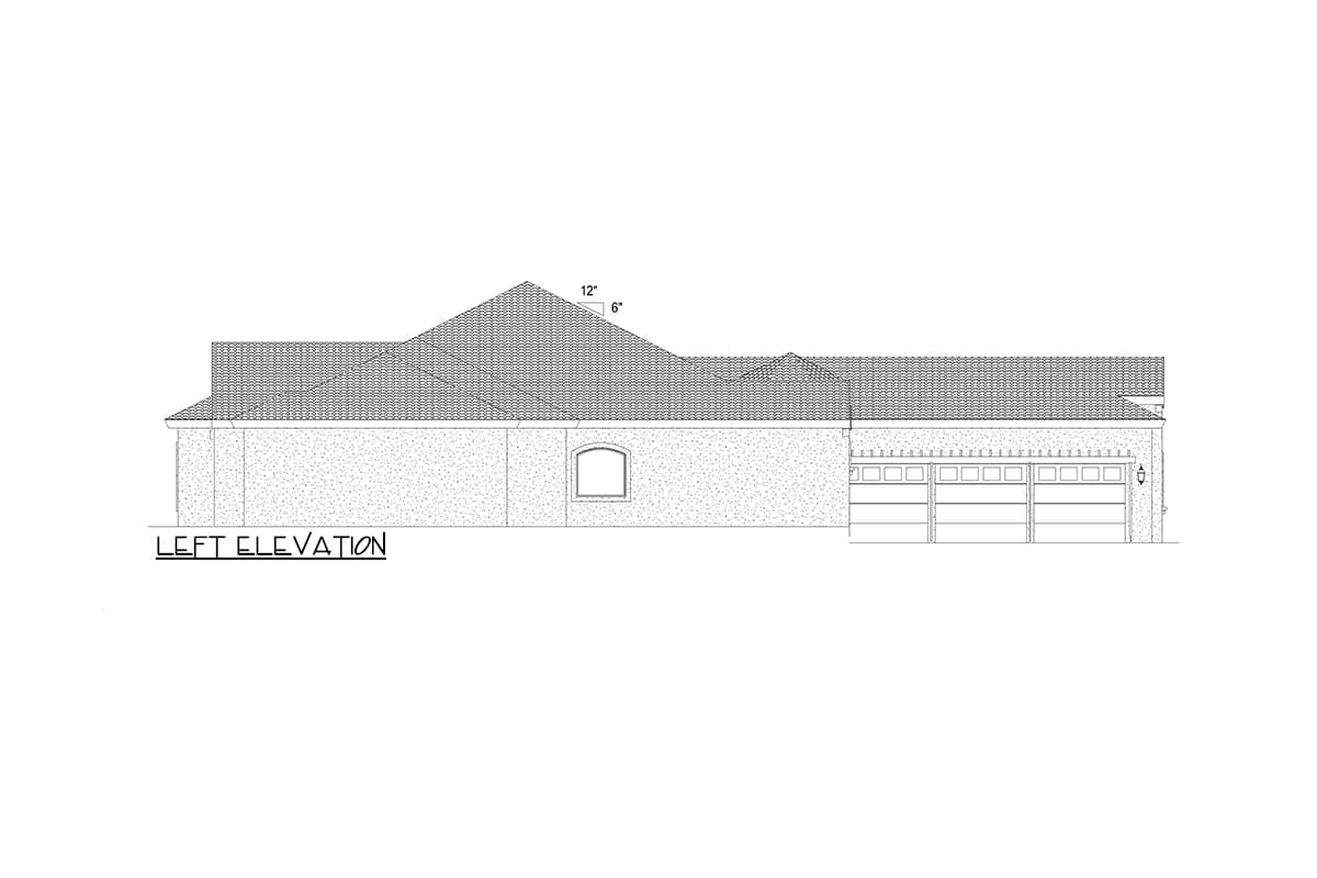 Left elevation of a one-story house plan showing a pitched roof, arched window, and a three-car garage.