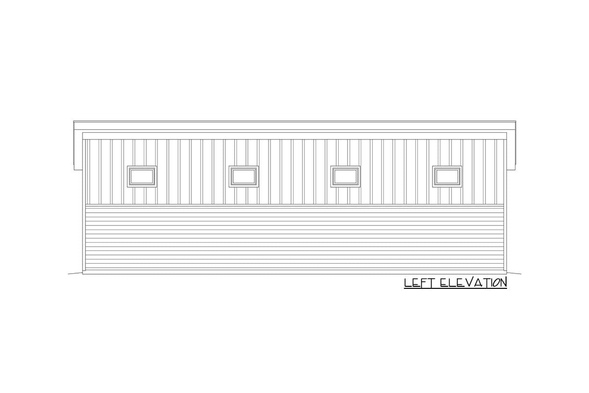 Left elevation drawing of a house plan featuring horizontal siding below vertical siding and four small rectangular windows.