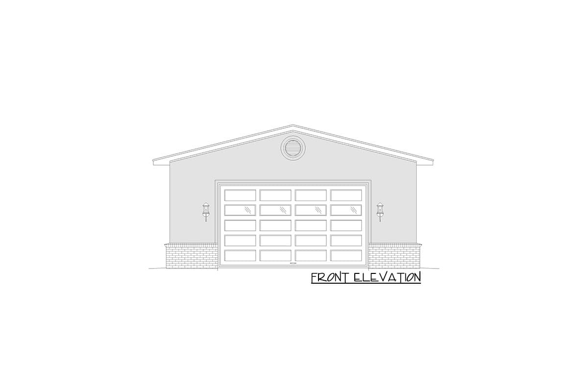 Front elevation drawing of a one-story house plan with a large garage door, brick base, and circular vent.