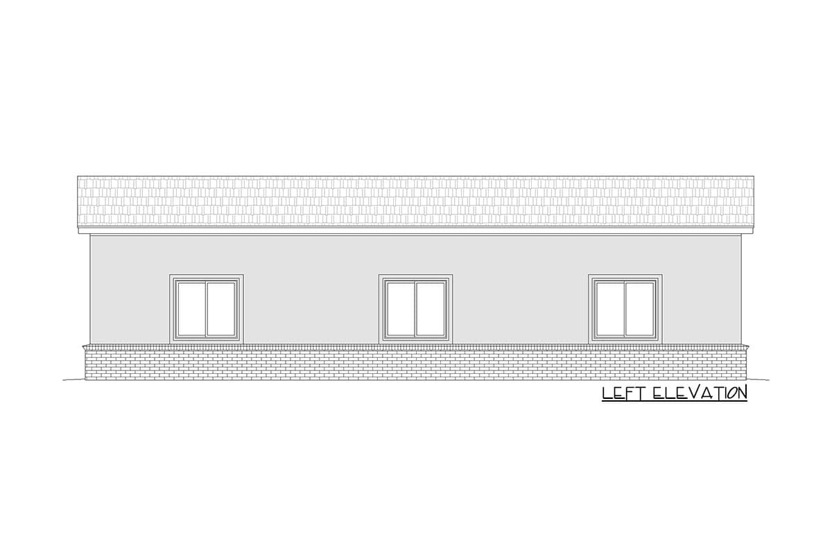 Left elevation drawing of a house plan showing three windows and a brick foundation.