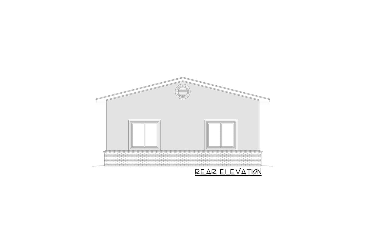 Rear elevation drawing of a single-story house plan with a gable roof, two windows, and a brick foundation.
