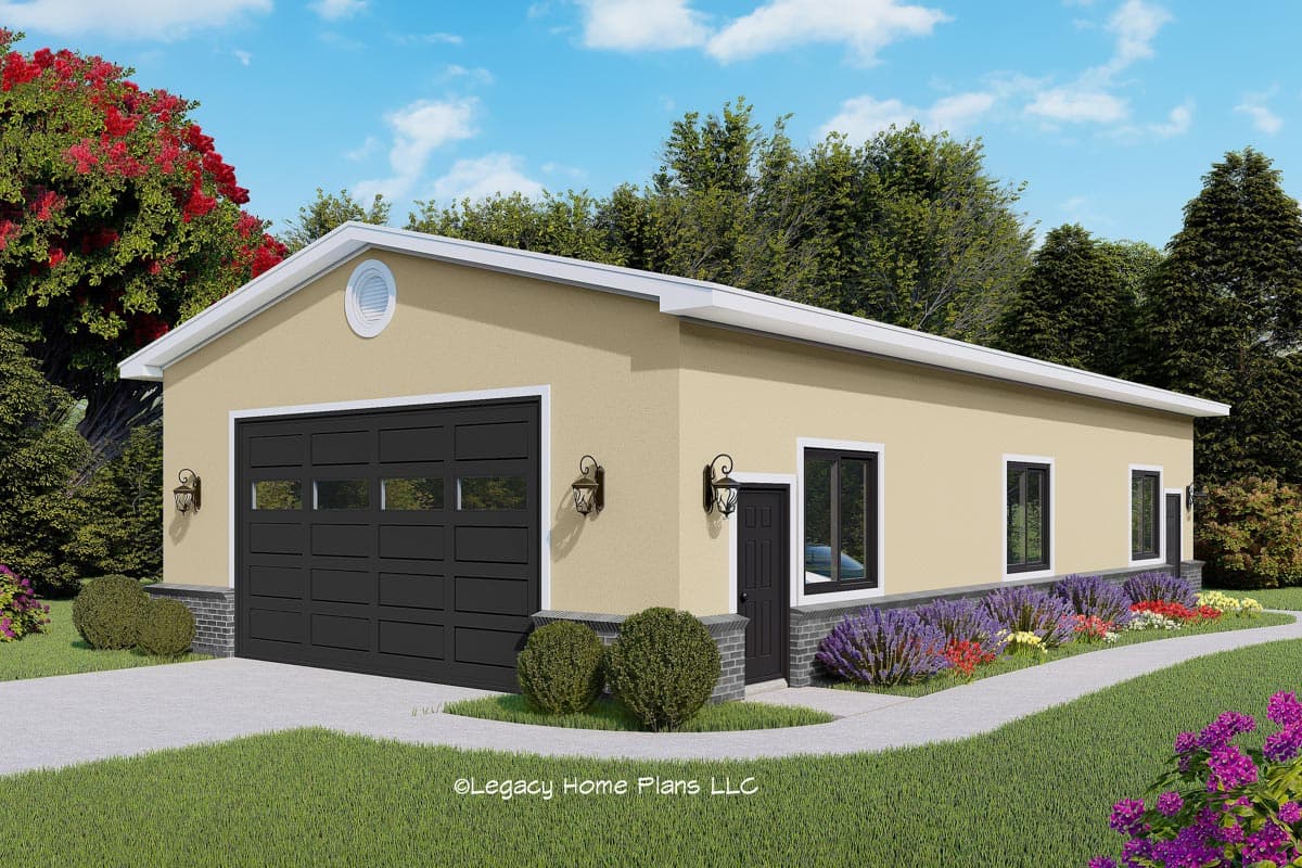 House plan exterior. Single-story structure with a flat roof. Features include a garage door, entry door, and small windows. Exterior wall sconces.