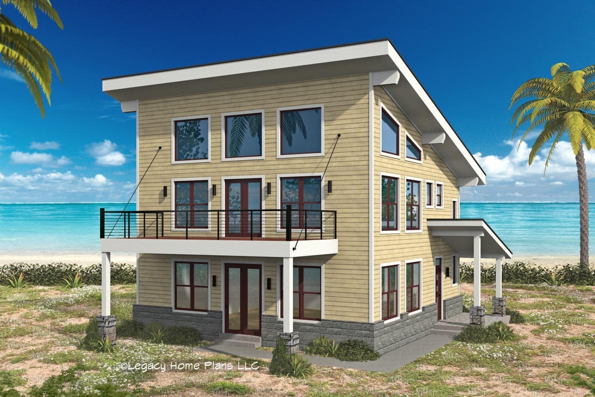 House plan exterior. Two-story modern house with a balcony, flat roof, and covered porch. Features large windows and a light siding exterior.