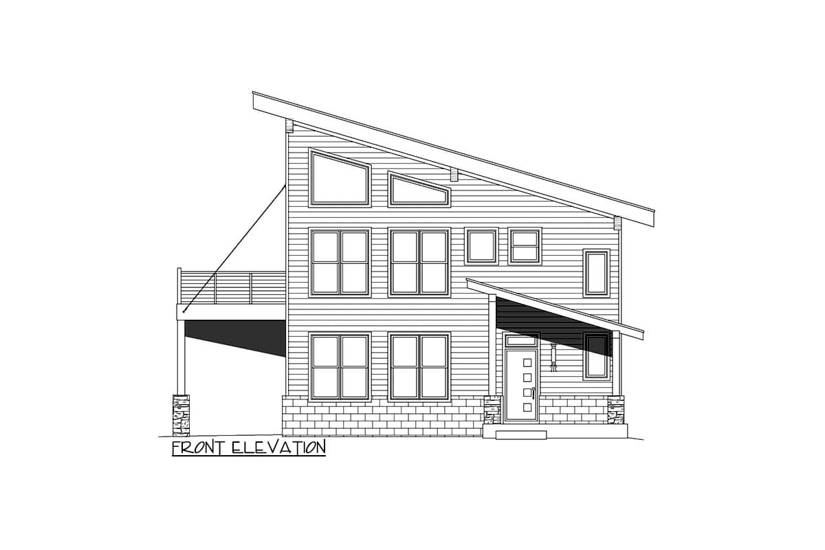 Front elevation of a two-story house plan with a prominent asymmetrical roofline, multiple window configurations, a covered porch, and a deck.