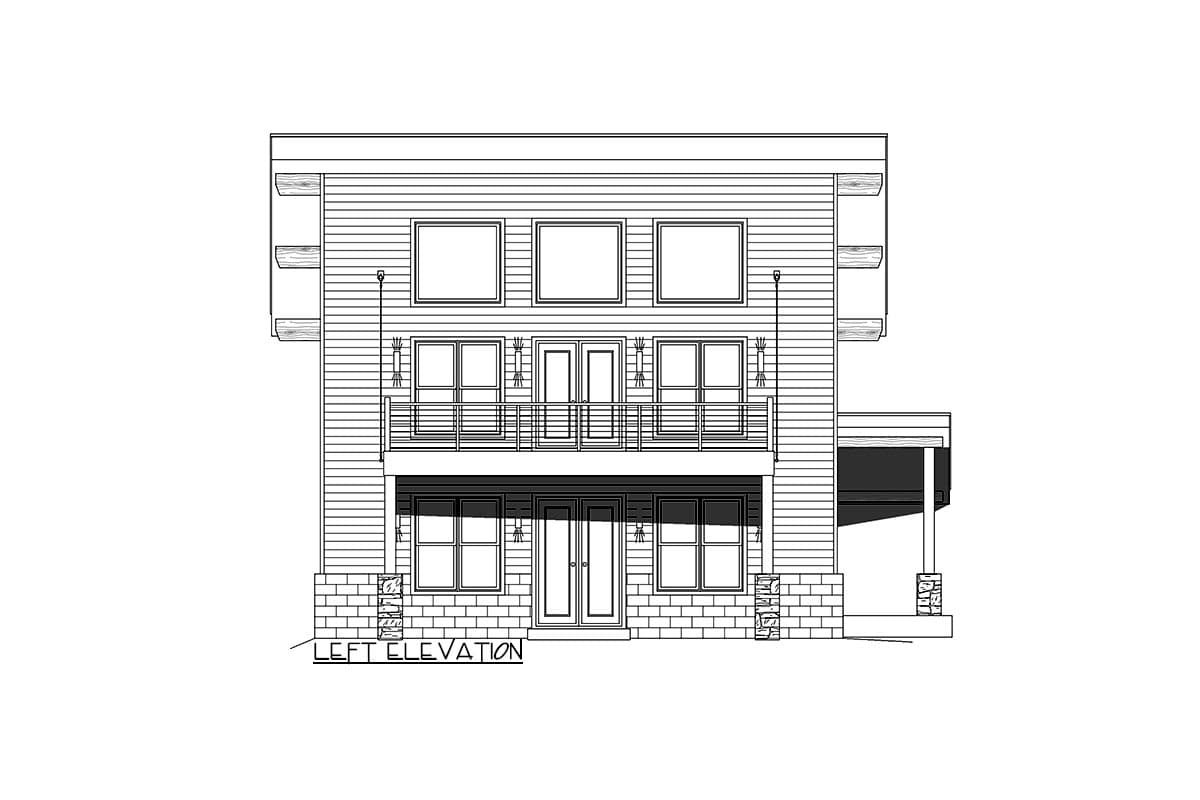 Left elevation drawing of a two-story house with horizontal siding, balcony, and stone accents.