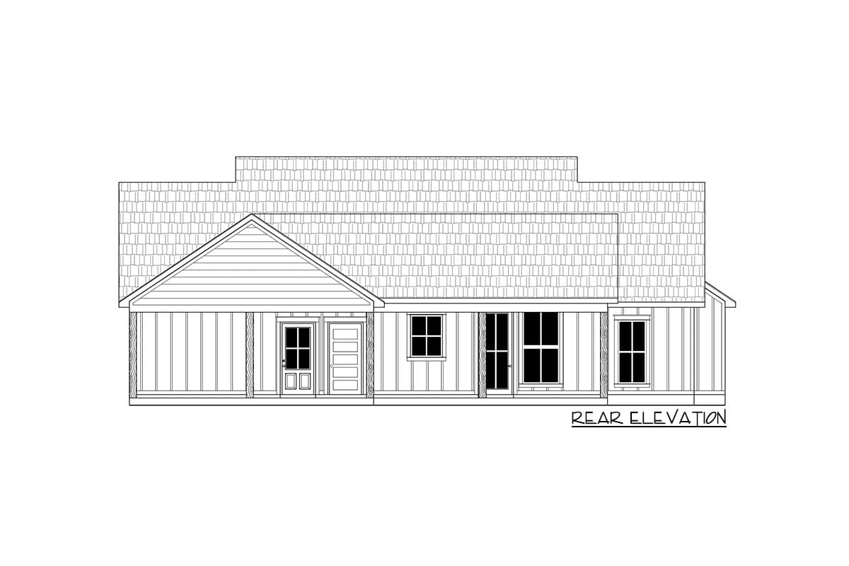 Rear elevation of a single-story house plan with a prominent gable, covered porch, and multiple windows.