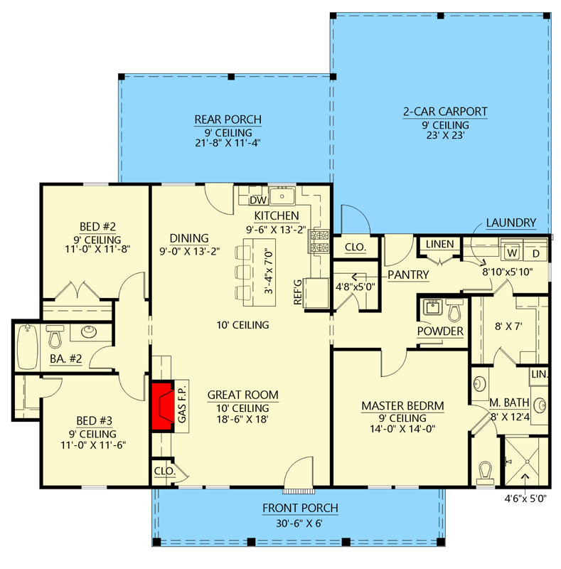 Plan 56540SM: Country House Plan Under 1600 Square Feet with Split Bed Layout and a Carport - Floor Plan - Main Level - Country, Farmhouse, Modern Farmhouse, New American, Southern, Traditional