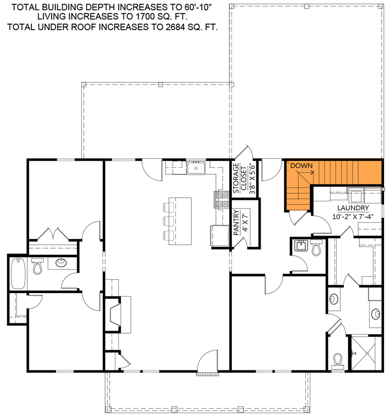 Plan 56540SM: Country House Plan Under 1600 Square Feet with Split Bed Layout and a Carport - Floor Plan - Main Level - Basement Stair Location - Country, Farmhouse, Modern Farmhouse, New American, Southern, Traditional