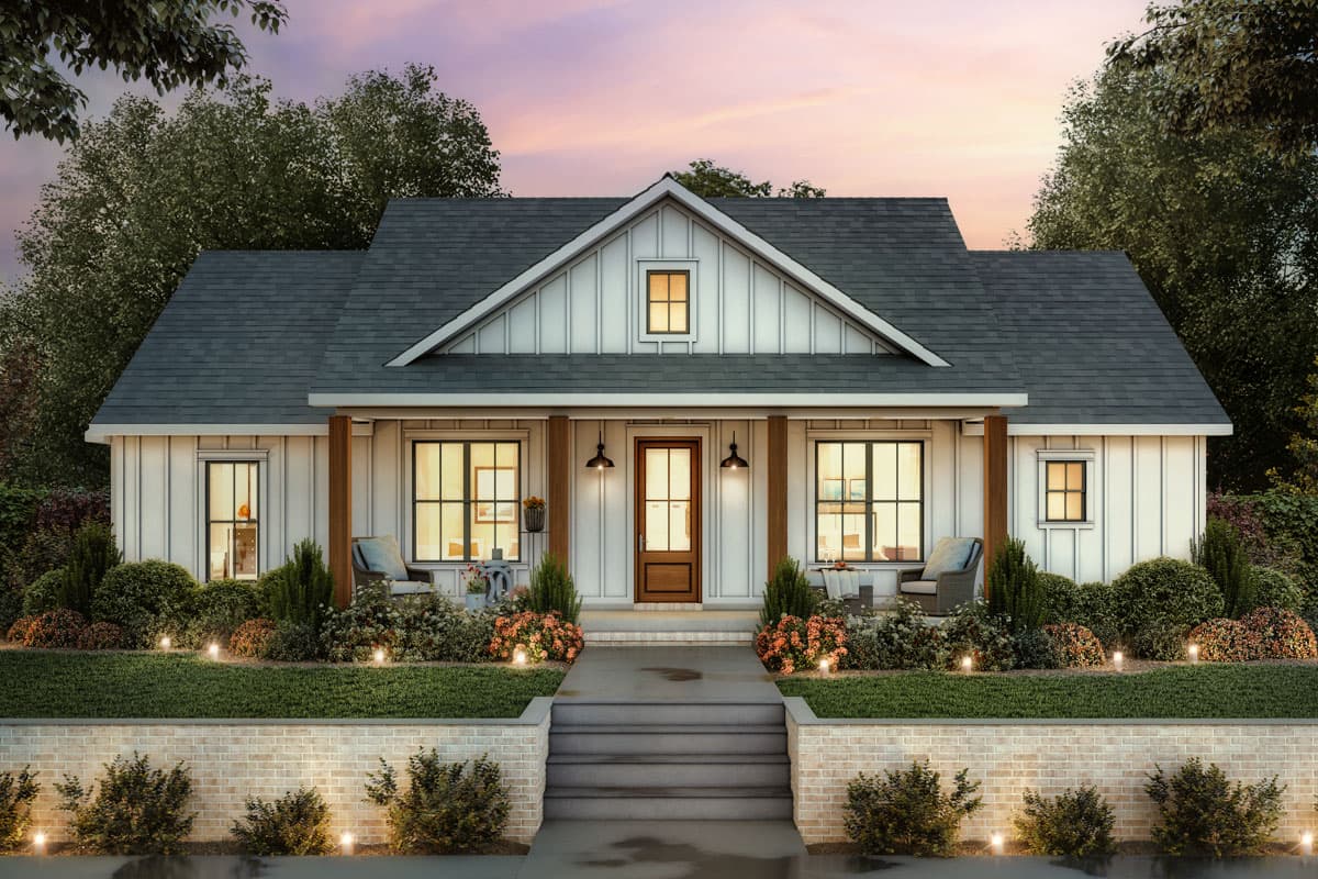 Modern farmhouse style house plan exterior with a prominent gable, wide front porch with wooden posts, and board and batten siding.