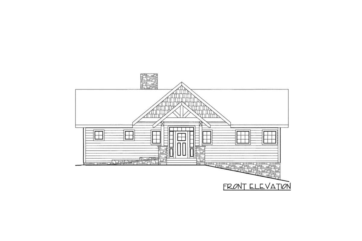 Front elevation drawing of a one-story house plan with a gabled roof, stone foundation, large gable over the entrance, and double front doors.
