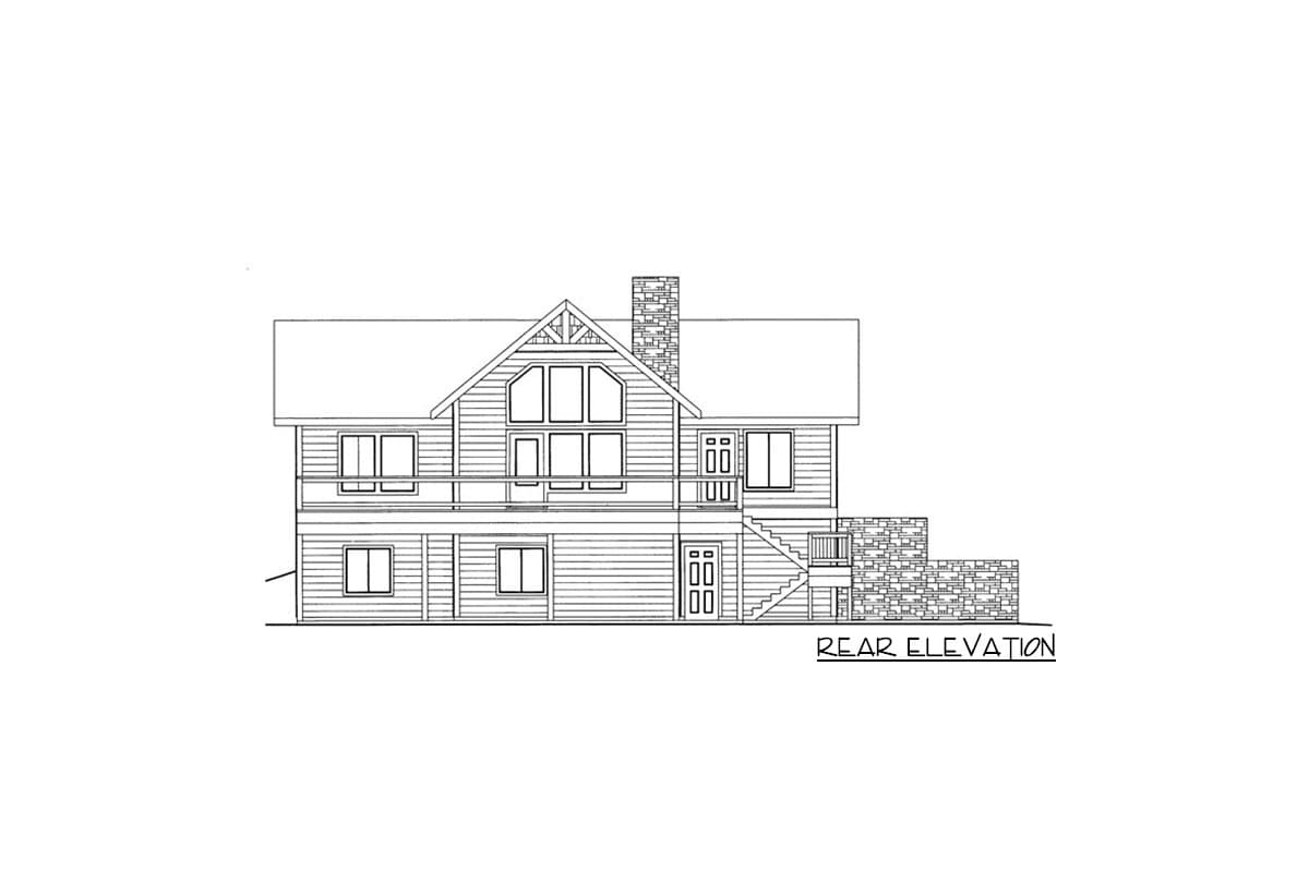 Rear elevation of a two-story house plan with horizontal siding, a prominent gable, stone chimney, and a balcony.