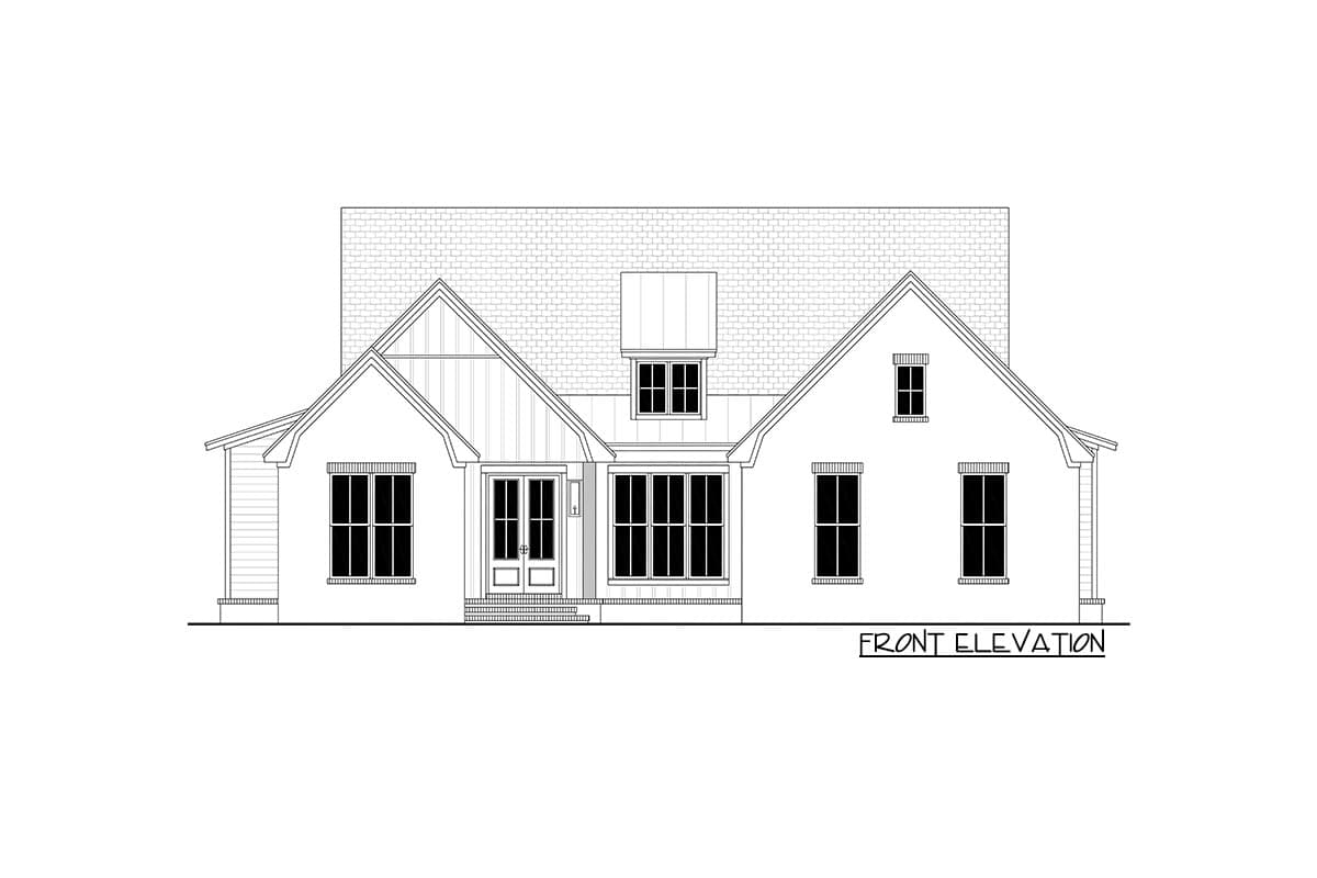 Front elevation drawing of a house with multiple gables, a dormer, a covered entry, and varied window arrangements.
