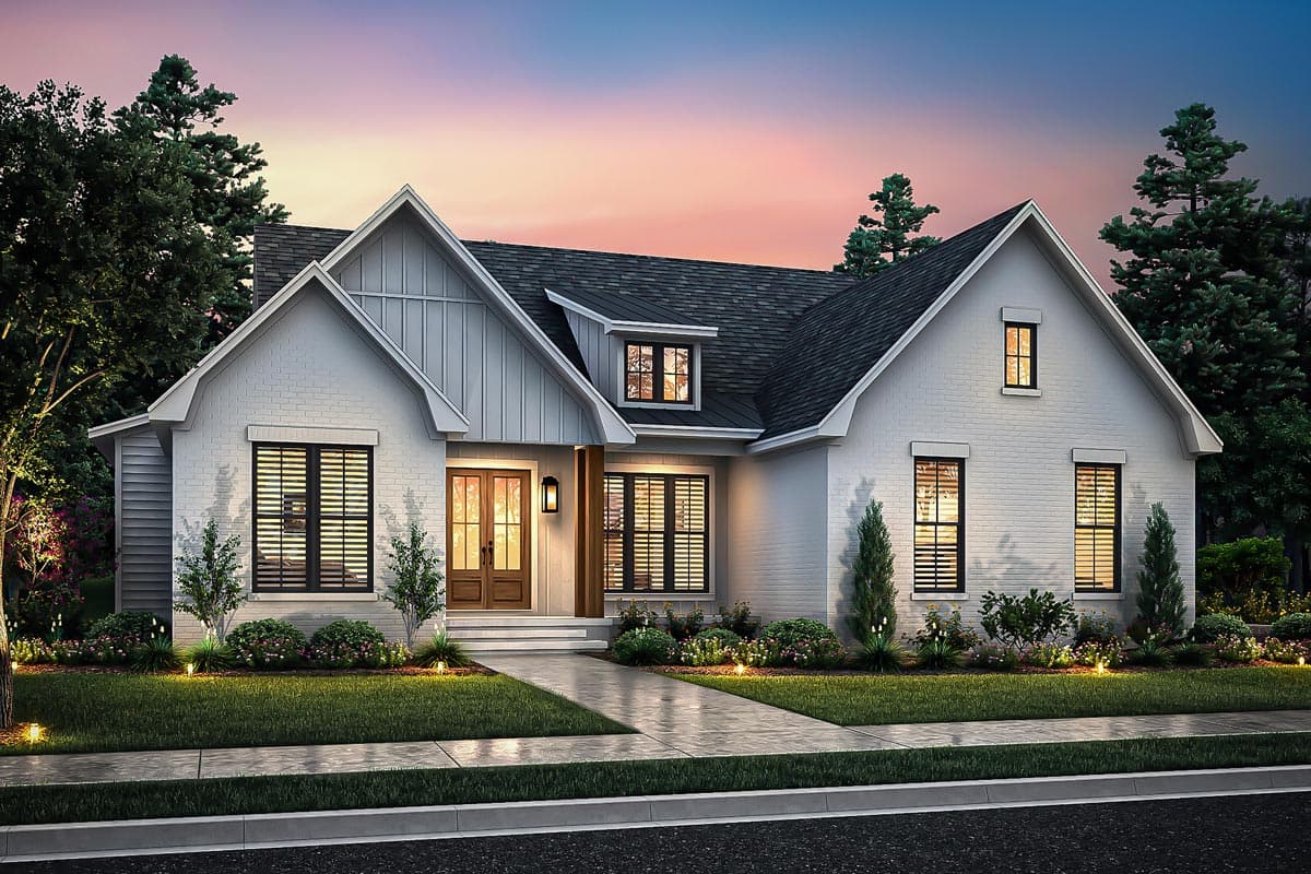 Modern Farmhouse house plan exterior with white brick, metal gables, dormer window, and double entry doors.