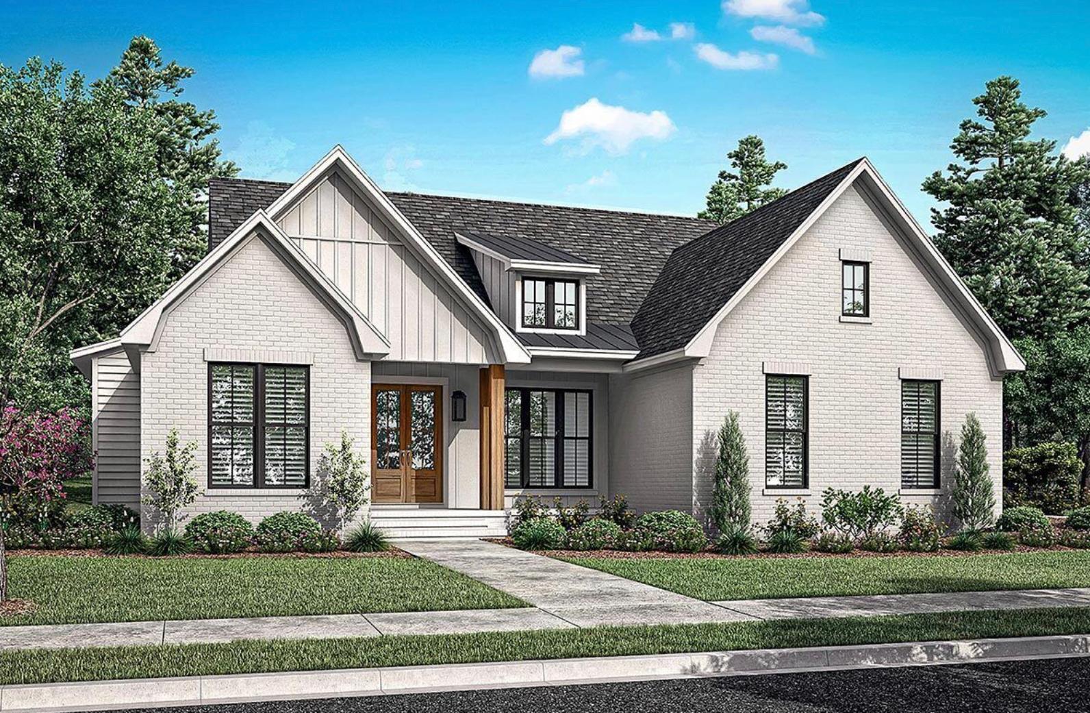 House plan exterior featuring a two-story Modern Farmhouse design. Notable features include gables, a covered porch, and a dormer.