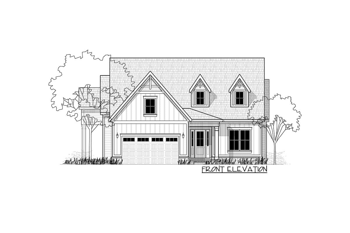 Front elevation of a two-story house plan with a gable roof, dormers, an attached garage, and a covered entry.