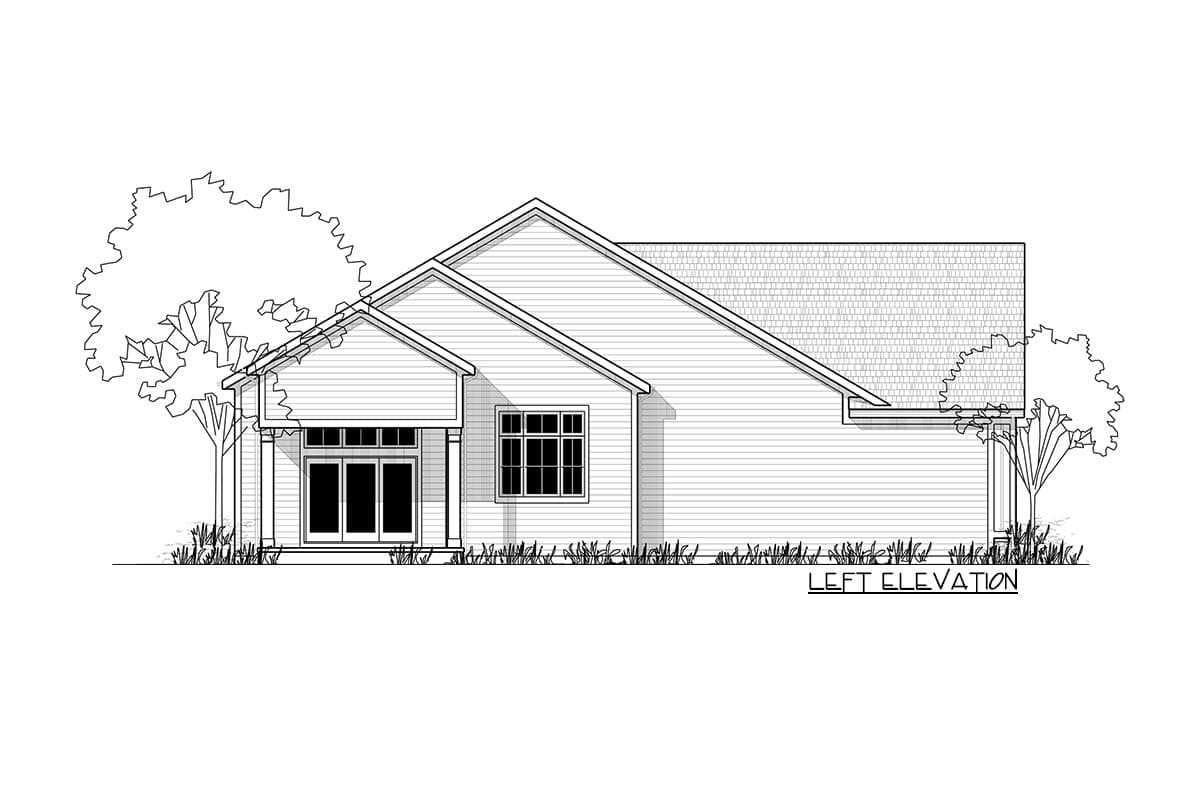 Left elevation drawing of a one-story house with a covered entrance, gabled dormer, and multiple rooflines.